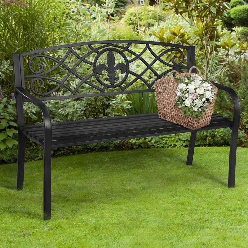 50Quot Weatherproof Outdoor Patio Bench With Pattern Backrest Heavy Duty Metal Park Bench For Garden Backyard Porch