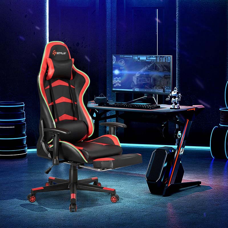 Led Massage Gaming Chair Height Adjustable Racing Computer Office Chair With Footrest Ergonomic High Back Pu Swivel Game Chair - Comfortable And Ergonomic Design
