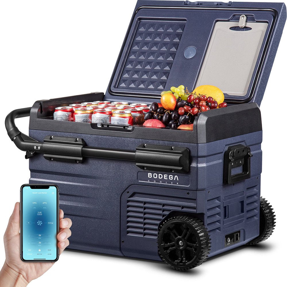 Portable 12V Car Refrigerator Freezer, 37 Qt, Dual Zone, App Control, for Camping & Travel, Dark Blue/Black
