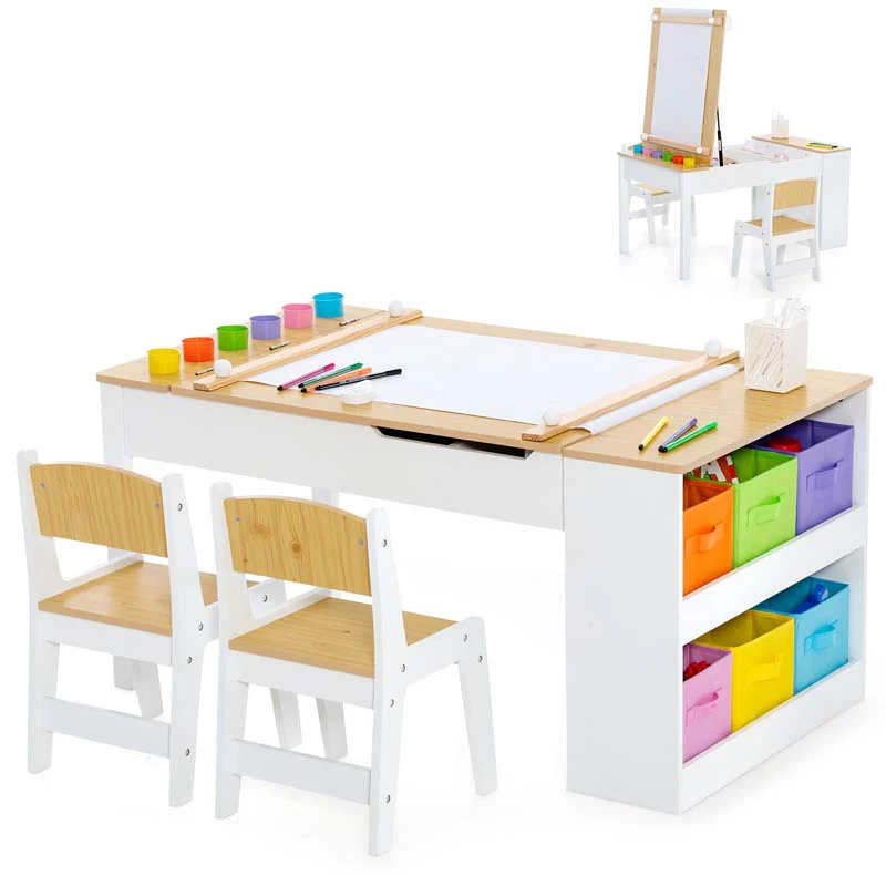 3 In 1 Wood Kids Art Table Amp Easel Set With 2 Chairs 6 Storage Bins Paper Roller Paint Cups Toddler Crafts Activity Table Chair Set - High Quality Set For Everyday Use
