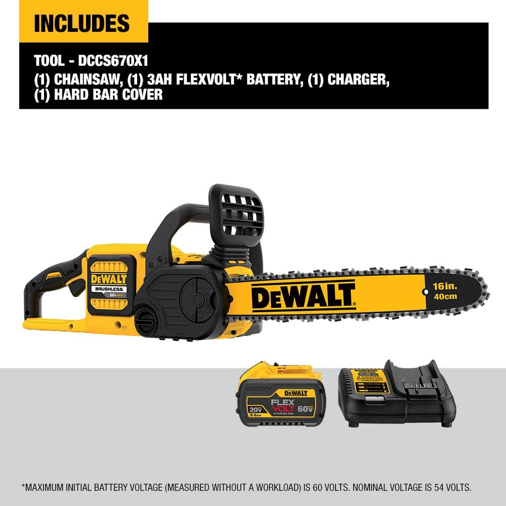 60V MAX 16in. Brushless Battery Powered Chainsaw Kit with (1) FLEXVOLT 3Ah Battery & Charger DCCS670X1