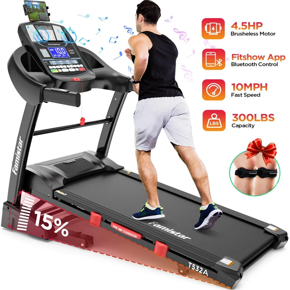 Famistar 4.5HP Foldable Treadmill with 15 Auto Incline Levels, 10MPH Speed, 300LB Capacity, Home Fitness Equipment