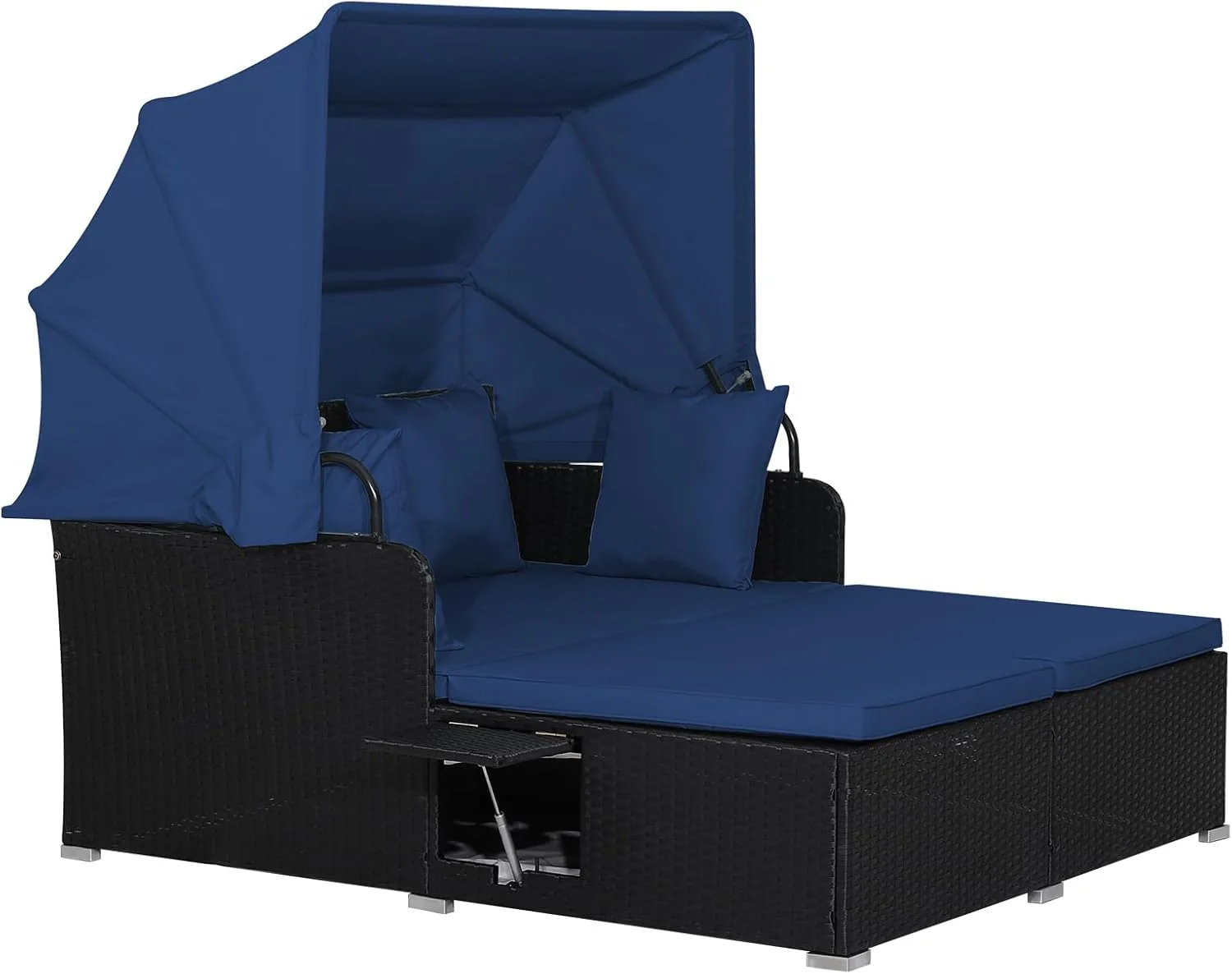 RELAX4LIFE Patio Outdoor Daybed with Canopy, Wicker Sunbed w/Cushions, 4 Pillows & 2 Retractable Side Trays, 2-Person Lounge Bed Conversation for Poolside Porch Garden, Rattan Outdoor Bed (Turquoise)